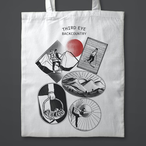Travel illustration with the title 'Tote Bag Design for a Travel Company (B/W Version)'