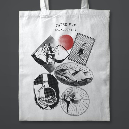 Adventure illustration with the title 'Tote Bag Design for a Travel Company (B/W Version)'