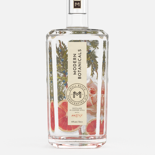 Botanical packaging with the title 'Logo & Packaging Design for Modern Botanicals Gin '
