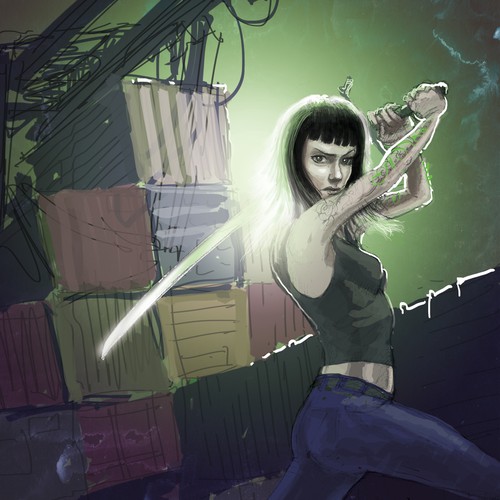 Mixed media design with the title 'Unfinished edgy urban sci fi book cover illustration'