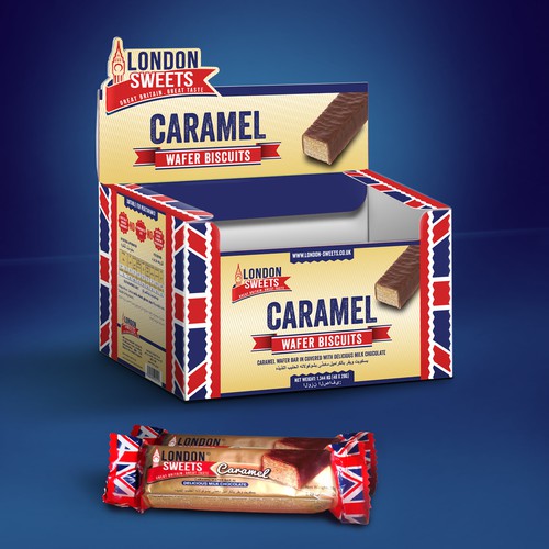 Chocolate packaging with the title 'CARAMEL WAFER DISPLAY BOX'