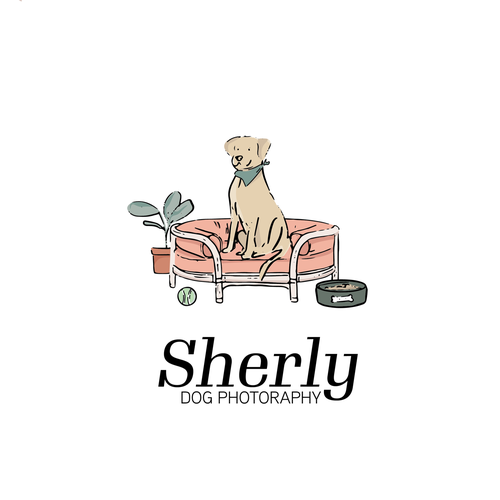 Interior design illustration with the title 'Sherly Dog Photography Illustrative Logo Design'