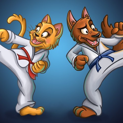 Cat illustration with the title 'Karate Inspired Coloring Book Illustration for Kids!'