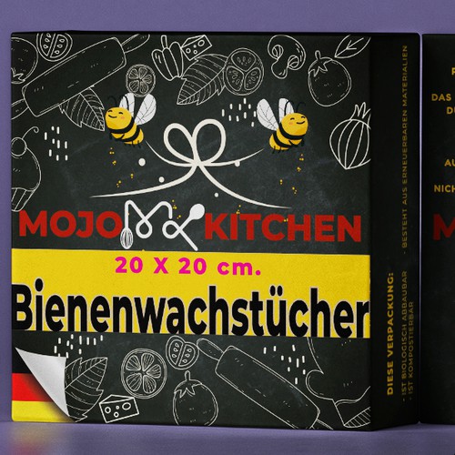 Wrapper packaging with the title 'MOJO KITCHEN Beewax Wraps Packaging Box'