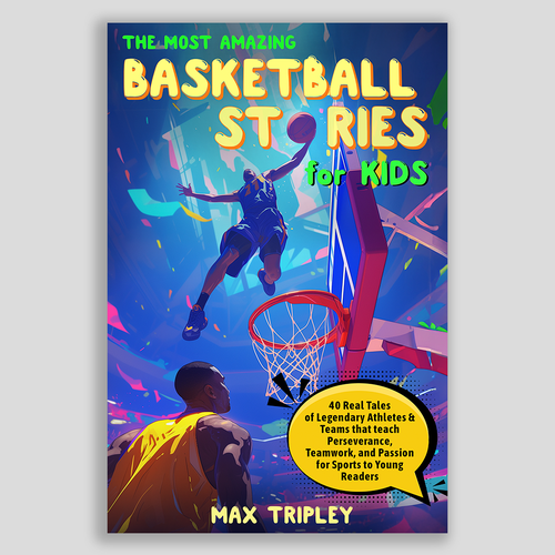 Cartoon book cover with the title 'Book about basketball stories for children'