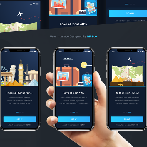Splash screen design with the title 'Next Departure Inc. Onboarding'