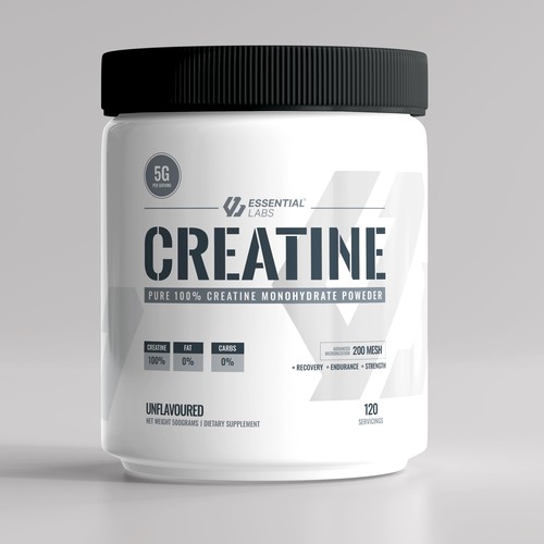 Whey packaging with the title 'Essential Labs - Creatine'