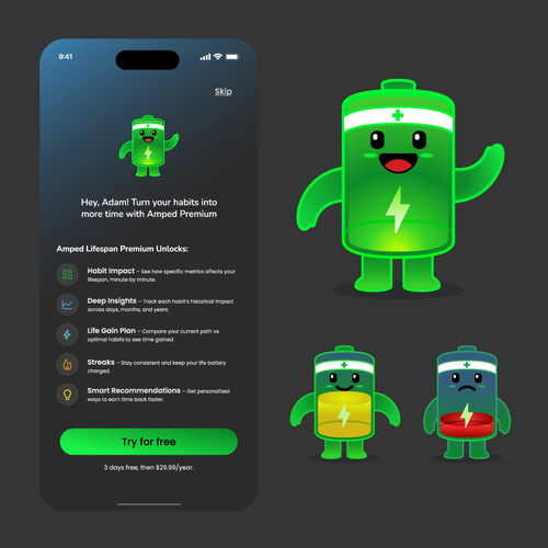 Design with the title 'Battery Mascot'