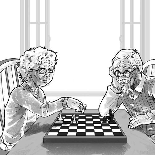 Caricature artwork with the title 'Chess'