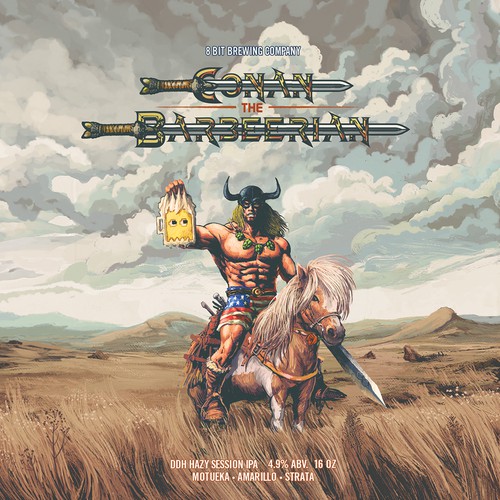 Brewery label with the title '8bit brewing beer label-conan the barbeerian'