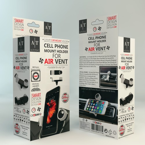 Car packaging with the title 'Auto Tech Packaging Contest Guaranteed Winner, Small Box for Car Phone Holder.'