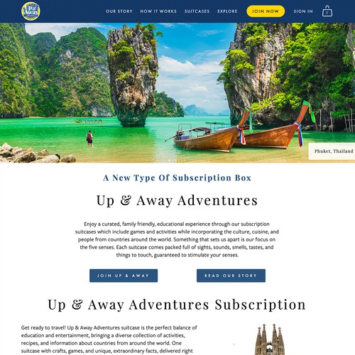 Subscription box website with the title 'Up and Away Adventures design'