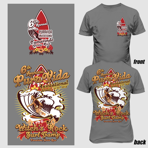 Surfing t-shirt with the title '6th Pura vida invitational tshirt design'