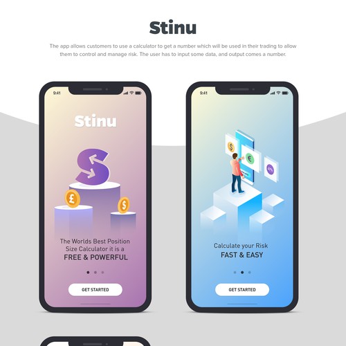 Onboarding design with the title 'Stinu - Finance calculator App'