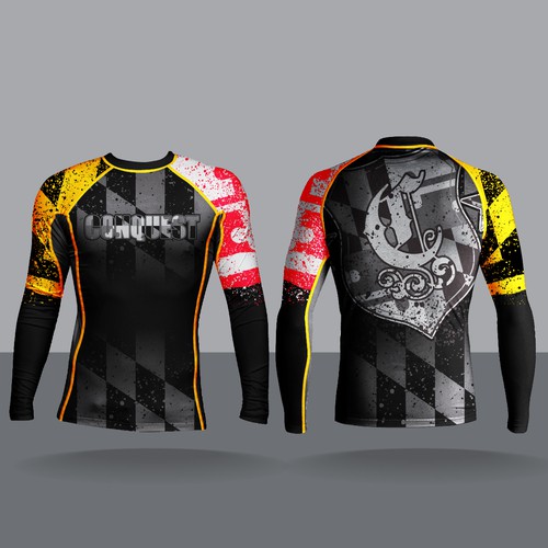 Jiu-jitsu design with the title 'Conquest BJJ Rash Guard'