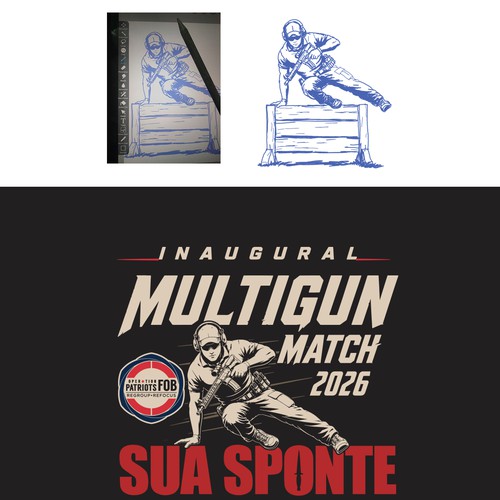 Sketch artwork with the title 'Bold design for MULTIGUN MATCH for t-shirt and other printings'