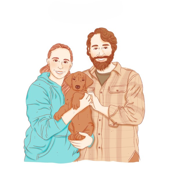Family illustration with the title 'Illustration for a dog training booklet'