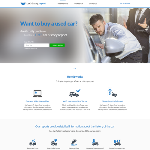 Automotive website with the title 'Webdesign for car history report website'
