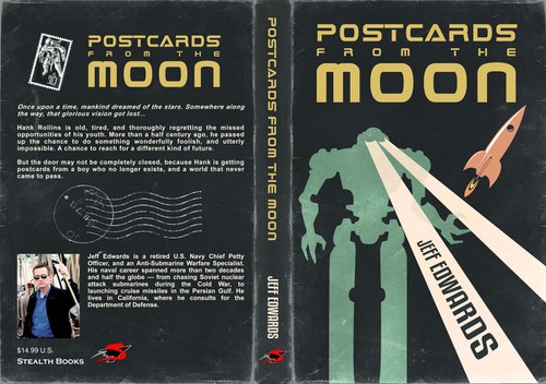 Science-fiction book cover with the title 'Postcards from the Moon'