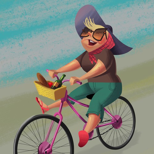Playful artwork with the title 'Free spirited woman riding bike'