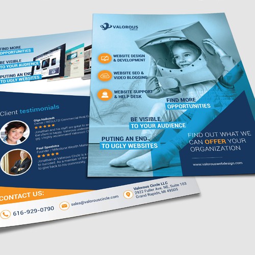 Orange and blue design with the title 'Marketing Flyer/Leave Behind for Web Design and SEO Firm'