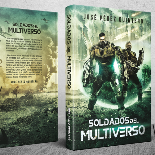 Futuristic book cover with the title 'Soldados del Multiverso'