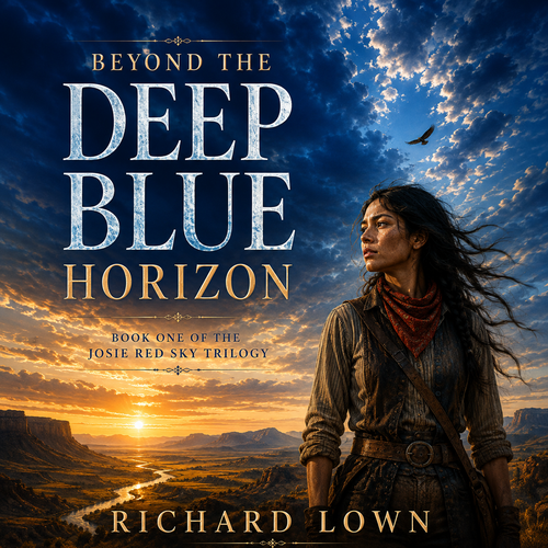 Cinematic design with the title 'Beyond the Deep Blue Horizon | Fantasy Book Cover'
