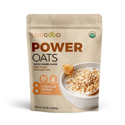 Stand-up pouch packaging with the title 'Power Oats '