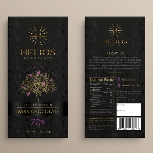 Chocolate bar design with the title 'HELIOS / Dark Chocolate'