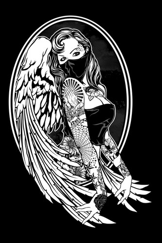 Line art illustration with the title 'Line art drawing of a tattooed angel'