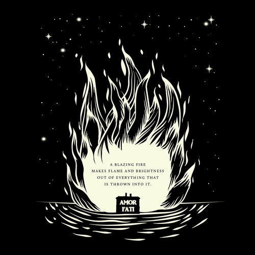 Linocut design with the title 'Amor Fati'