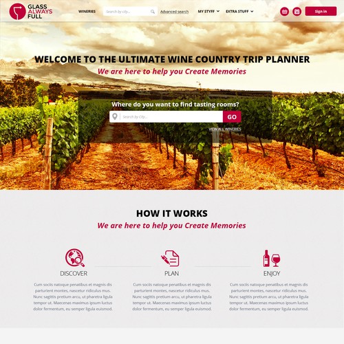 Travel website with the title 'Glass Always Full'