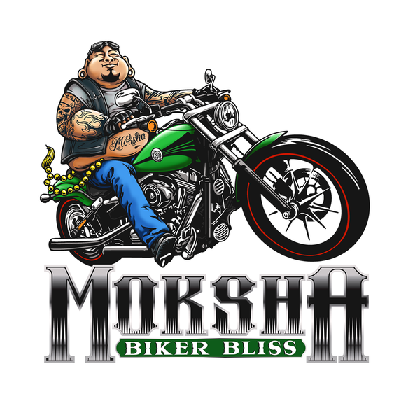 Bike shop design with the title 'Moksha Biker Bliss - Illustration'