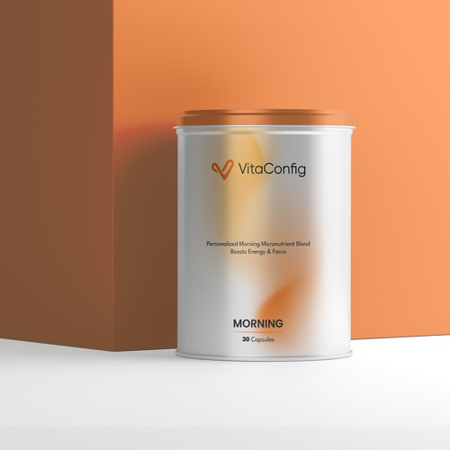 Canister design with the title 'Minimal Supplement Packaging Design for VitaConfig'
