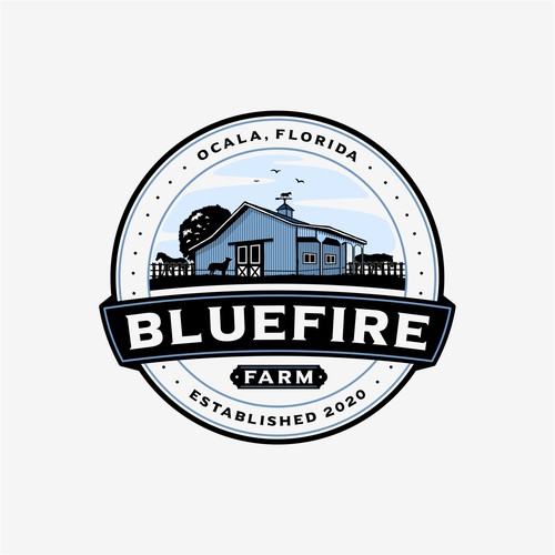 Barn logo with the title 'Bluefire Farm'