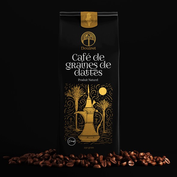 Gold foil packaging with the title 'Douiret Coffee'