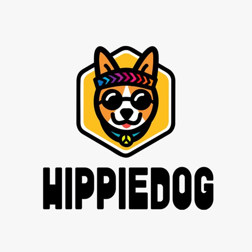 Hippie logo with the title 'Cool logo for a new company called Hippie Dog'