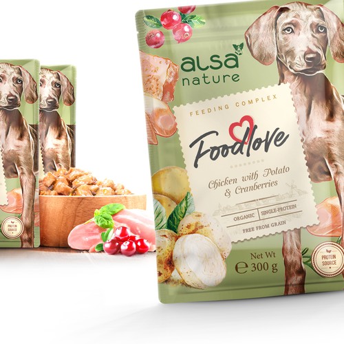 Pouch design with the title 'Dog food for your lovely pets, packaging design'