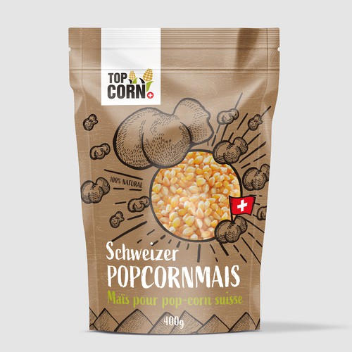 Food packaging with the title 'Swiss Popcorn Packaging'