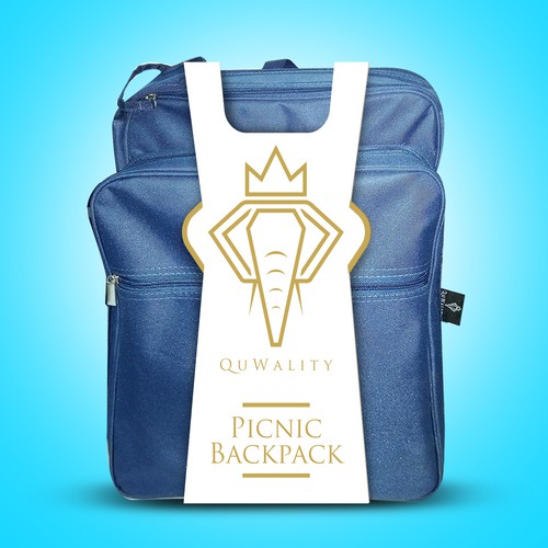 Gold foil packaging with the title 'QuWality Picnic Backbag Label design '
