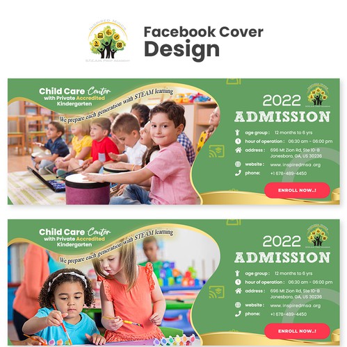 Kindergarten design with the title 'Fun and Playful Facebook Cover Design for InspiredMinds STEAM Academy'