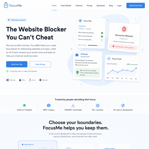 Software website with the title 'FocusMe SaaS Landing Page Redesign'