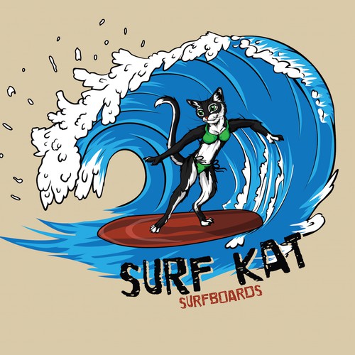 Cat t-shirt with the title 'Creating a dynamic new surfboard logo for a shirt.'