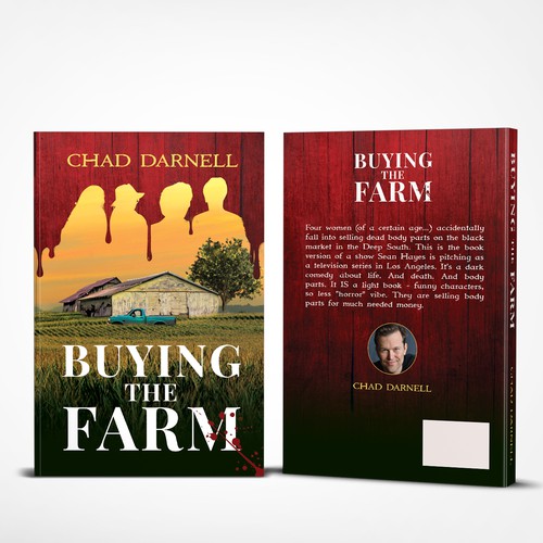 Collage book cover with the title 'Winning cover design for a dark comedy book'