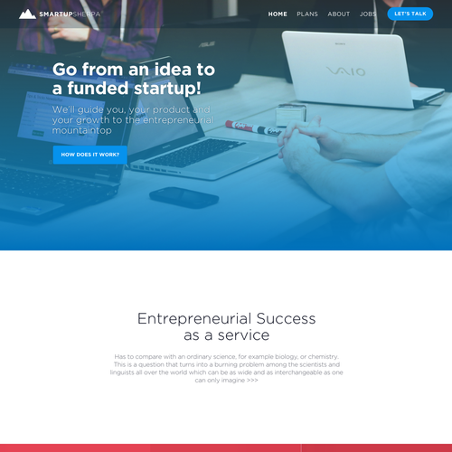 Startup website with the title 'Unfinished Concept for Smartup Sherpa'