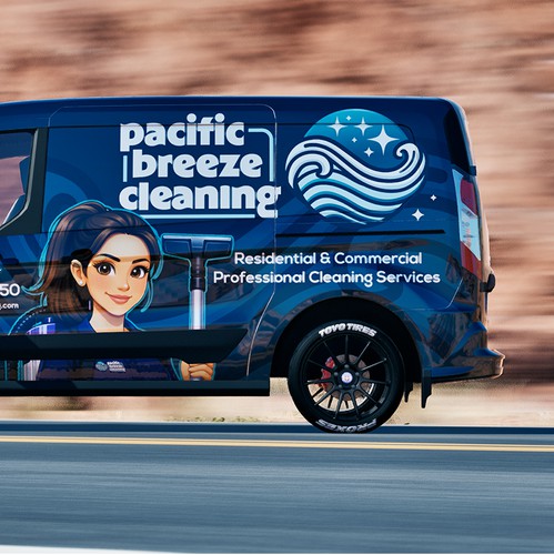 Illustrator design with the title 'Pacific Breeze Cleaning Transit Connect Van Full Wrap'