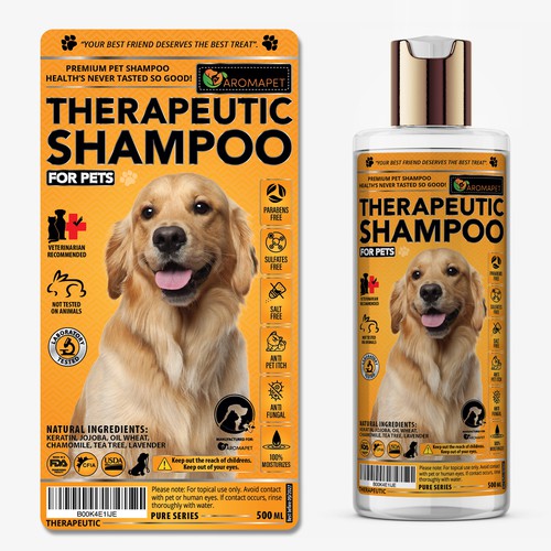 Shampoo packaging with the title 'Therapeutic Shampoo for Pets!'