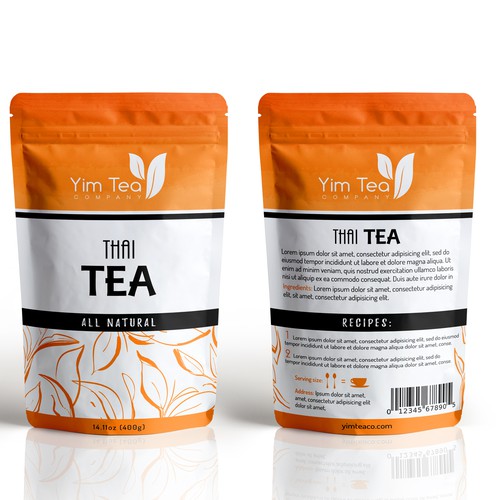 Tea packaging with the title 'All-Natural Thai Tea Brand'