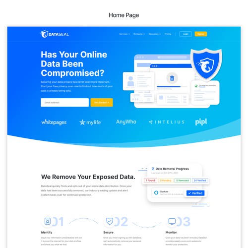 Database design with the title 'Home page and Dashboard Design for dataseal.io'