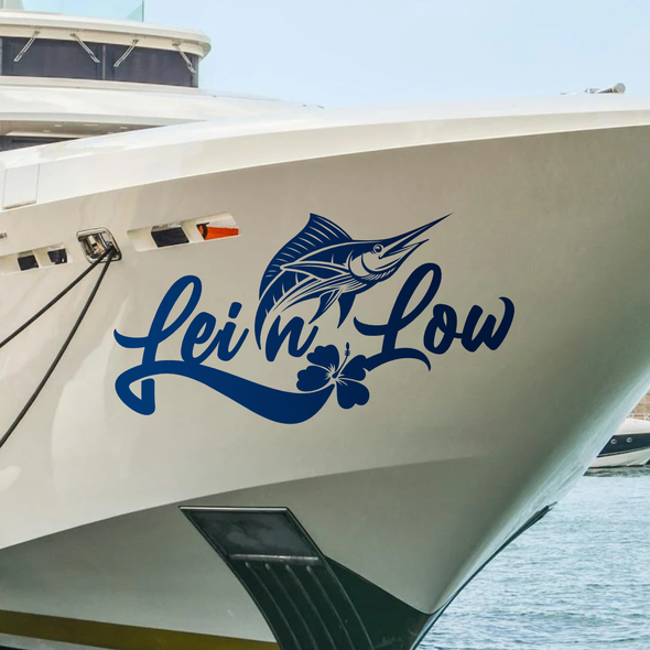 Blue boat logo with the title 'Lei’n Low'